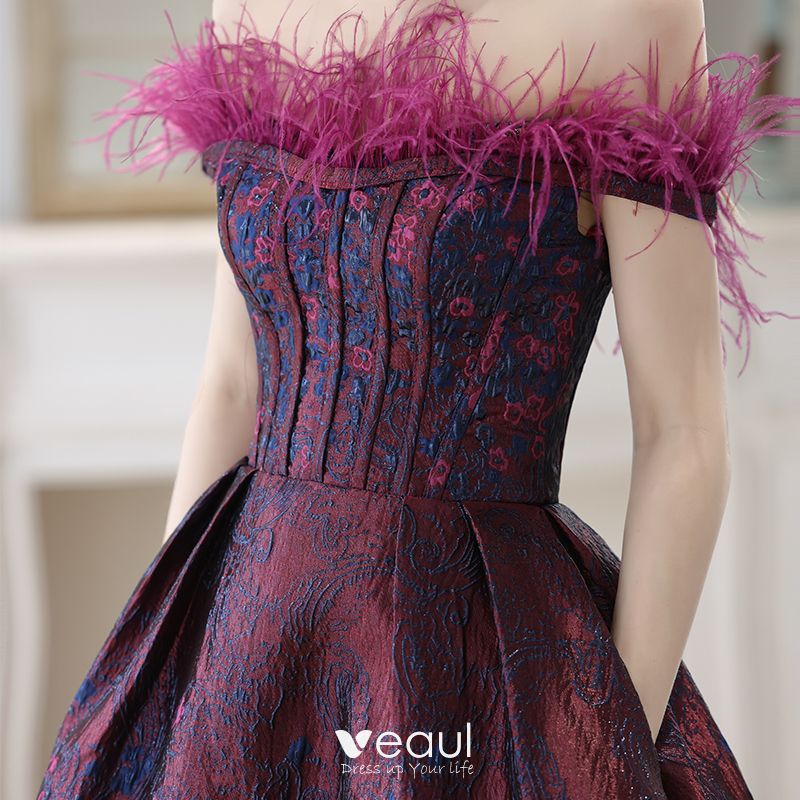 Fancy Purple Corset Feather Prom Dresses 2023 A-Line / Princess Off-The ...
