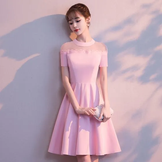Modest / Simple Candy Pink See-through Homecoming Graduation Dresses ...