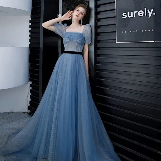 Elegant Ocean Blue Prom Dresses 2020 A-Line / Princess Square Neckline ...