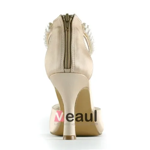 Fashion Champagne Bridal Shoes 3 Inch Heel Pumps With Pearl Ankle Strap 