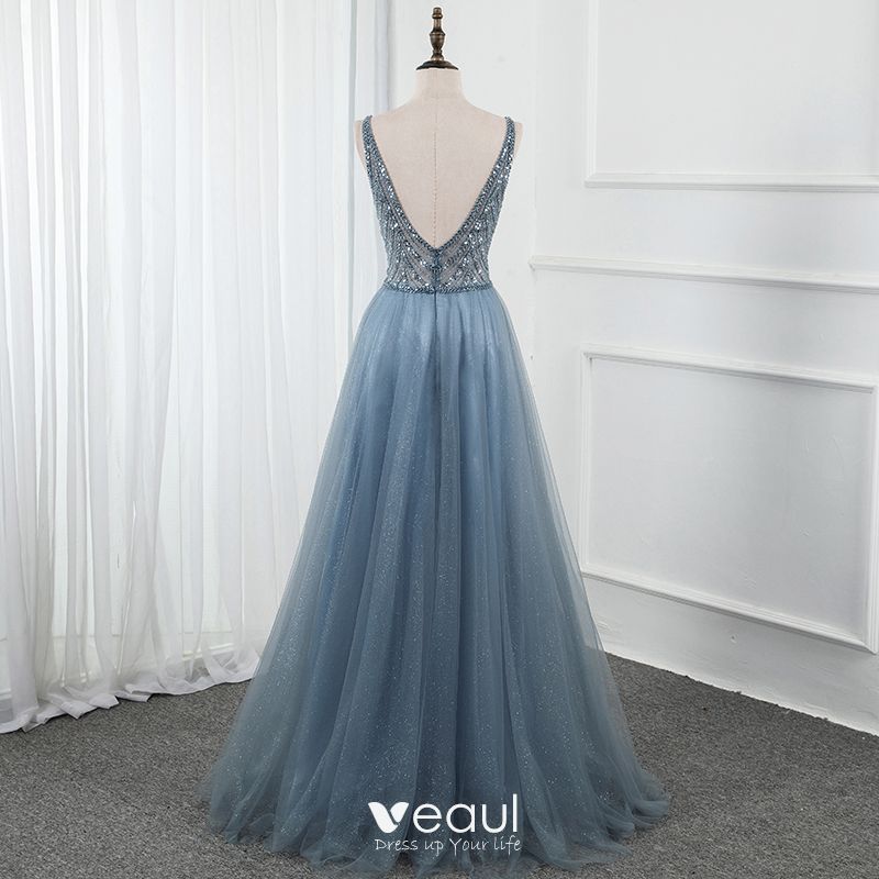 High-end Ocean Blue Dancing Prom Dresses 2020 A-Line / Princess Deep V-Neck  Sleeveless Beading