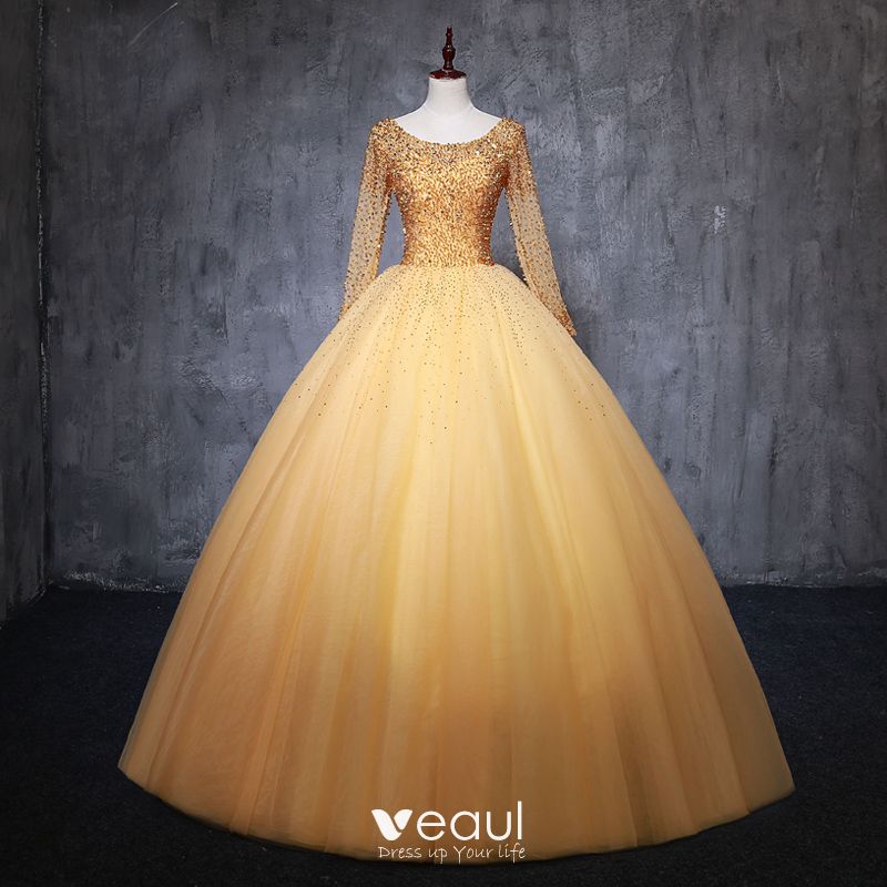 Chic / Beautiful Gold Prom Dresses 2019 Ball Gown Scoop Neck Beading ...