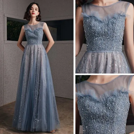 Chic / Beautiful Ocean Blue See-through Evening Dresses 2020 A-Line ...