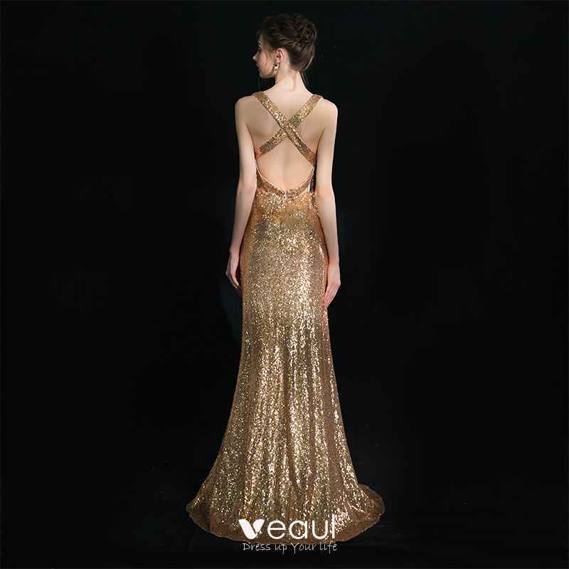 Sparkly Gold Evening Dresses 2019 Sheath / Fit Deep V-Neck Sleeveless ...