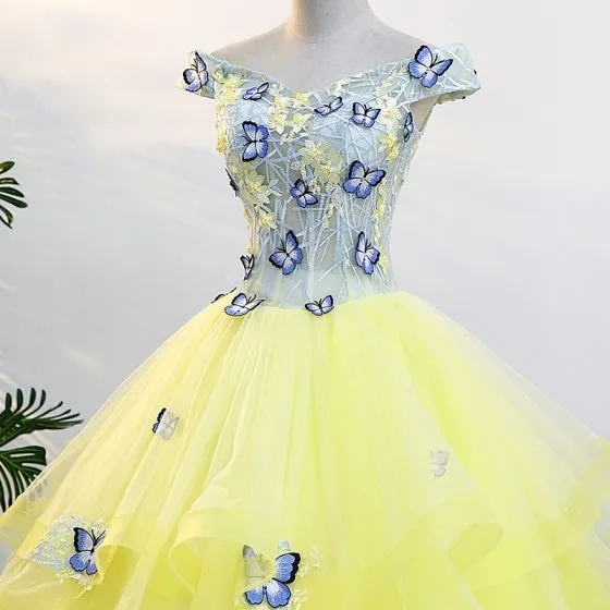 Flower Fairy Yellow Prom Dresses 2018 Ball Gown V-Neck Tulle ...