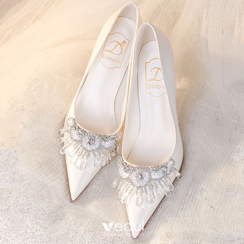 Chic Beautiful Ivory Satin Rhinestone Wedding Shoes 2023 Leather 8 Cm Stiletto Heels Pointed Toe Wedding Pumps High Heels 800x800 