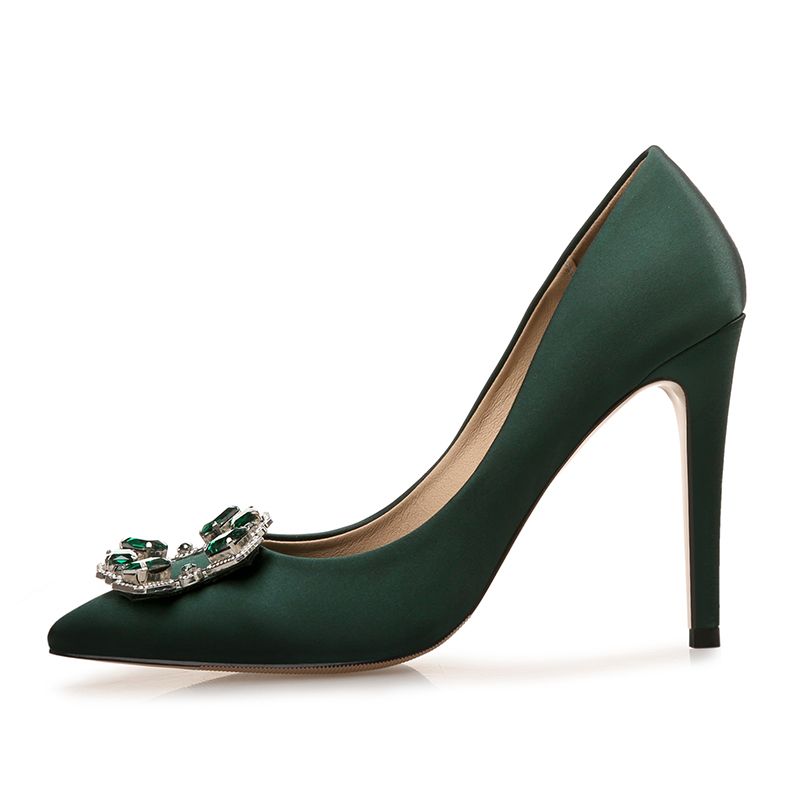 Fashion Dark Green Satin Prom Rhinestone Pumps 2021 10 cm Stiletto ...