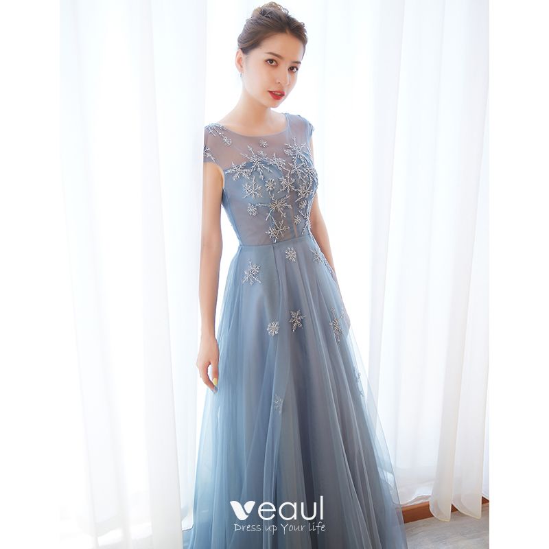 Chic / Beautiful Sky Blue Evening Dresses 2019 A-Line / Princess Scoop ...