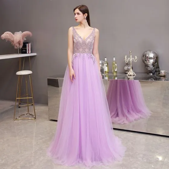 High-end Lavender Evening Dresses 2020 A-line   Princess See-through 