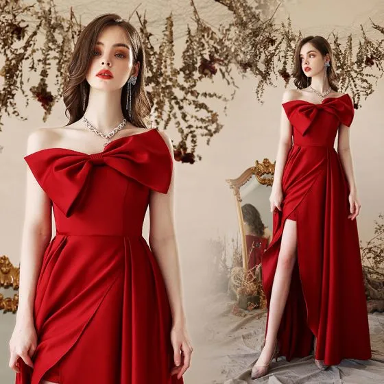 Charming Red Satin Evening Dresses 2022 A-Line / Princess Strapless Bow ...