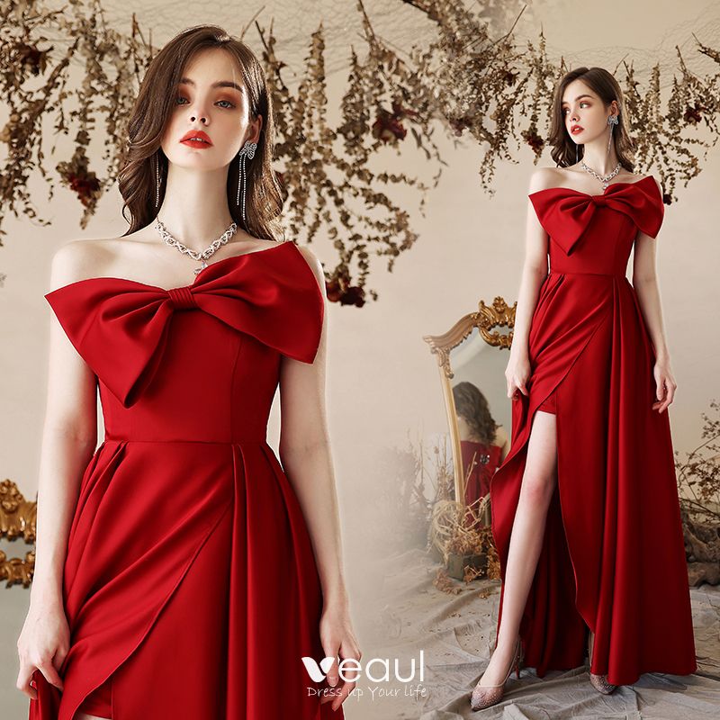 Charming Red Satin Evening Dresses 2022 A-Line / Princess Strapless Bow ...