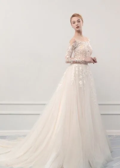 Illusion Champagne See-through Outdoor / Garden Wedding Dresses 2019 A ...