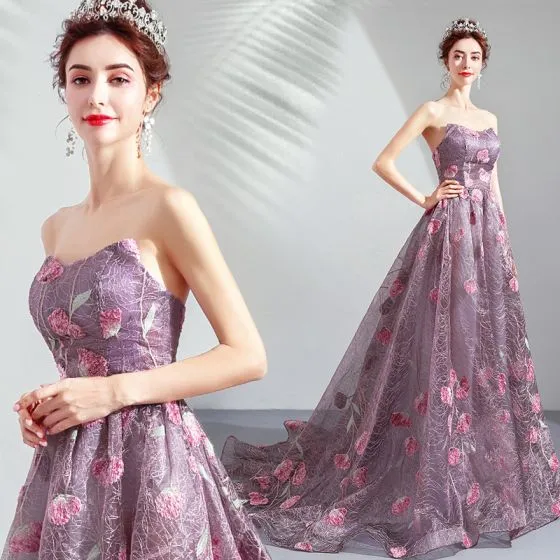 Chic / Beautiful Purple Prom Dresses 2019 A-Line / Princess Strapless ...