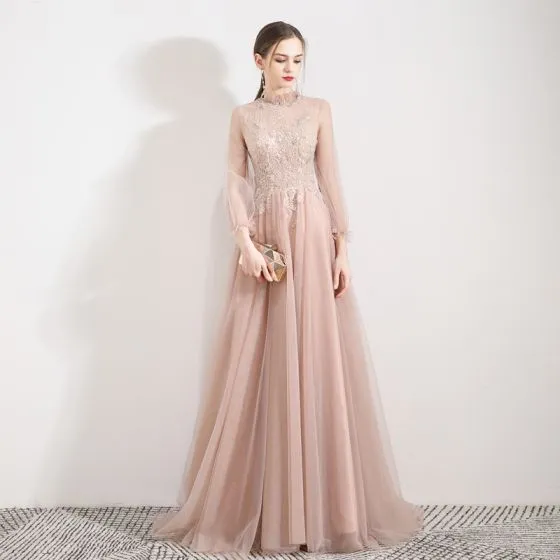 Elegant Pearl Pink See-through Evening Dresses 2019 A-Line / Princess ...