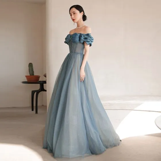 Sexy Pool Blue Prom Dresses 2021 A-Line / Princess Ruffle Off-The ...