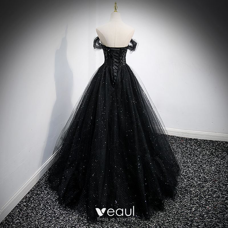 Charming Black Sequins Prom Dresses 2021 A-Line / Princess Off-The ...
