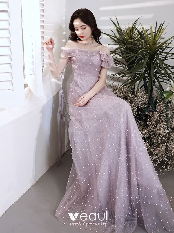 Chic / Beautiful Lavender Pearl Prom Dresses A-Line / Princess 2021 Off ...