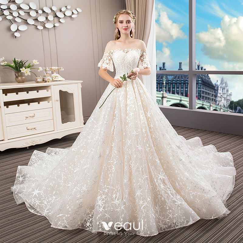 Elegant Champagne Wedding Dresses 2018 Ball Gown Lace Star Pearl Scoop ...