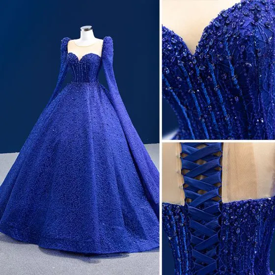 High-end Vintage   Retro Royal Blue Handmade Beading Sequins Prom 