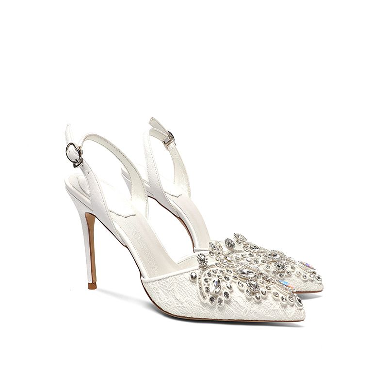 Charming Ivory Lace Rhinestone Wedding Shoes 2020 Ankle Strap 10 cm ...