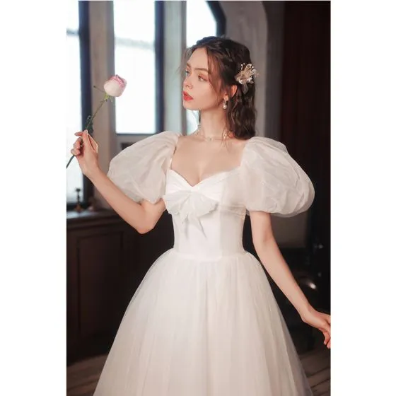 Illusion White Prom Dresses 2022 A-Line / Princess Square Neckline Bow ...