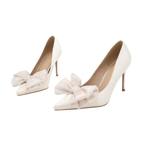 Chic / Beautiful Ivory Satin Bow Wedding Shoes 2021 8 cm Stiletto Heels ...