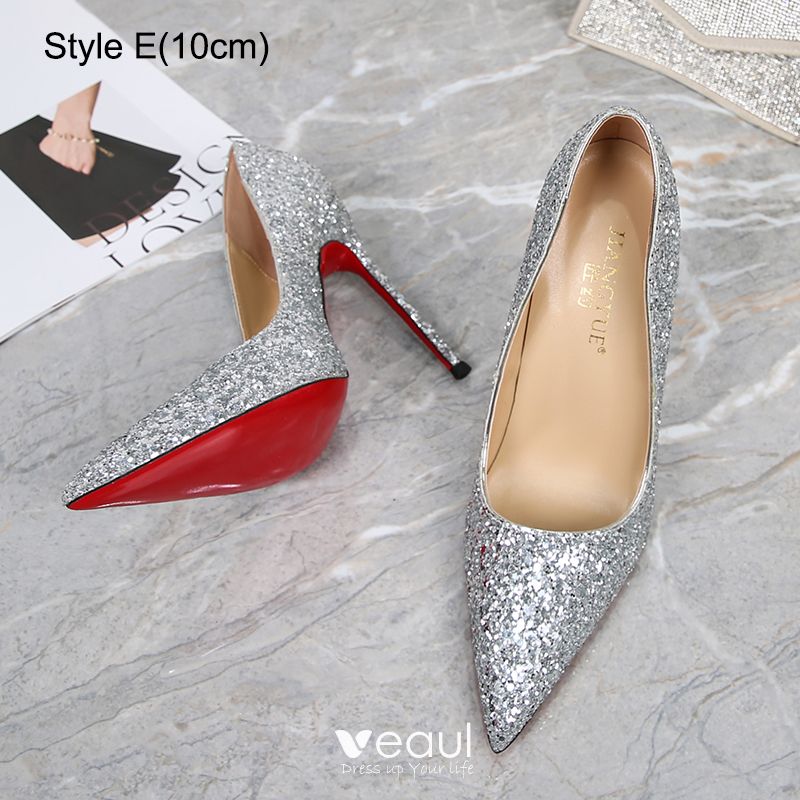 Sexy Silver Leather Red Sole Evening Party Pumps 2023 12 cm Stiletto Heels  Pointed Toe Pumps High Heels