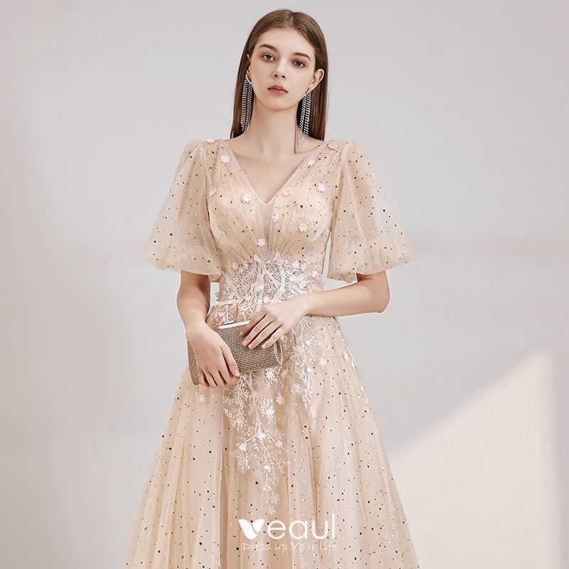 Victorian Style Champagne Evening Dresses 2020 A-Line / Princess Deep V ...