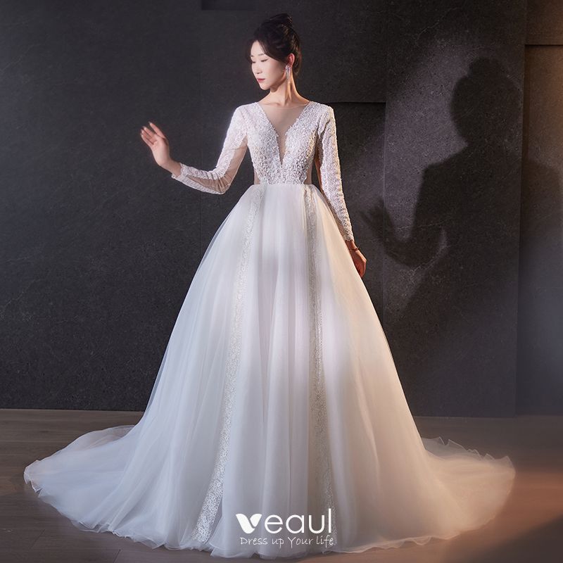 Elegant White Lace Flower Wedding Dresses 2024 A Line Princess Deep V   Elegant White Lace Flower Wedding Dresses 2024 A Line Princess Deep V Neck Long Sleeve Backless Floor Length Long Wedding 800x800 