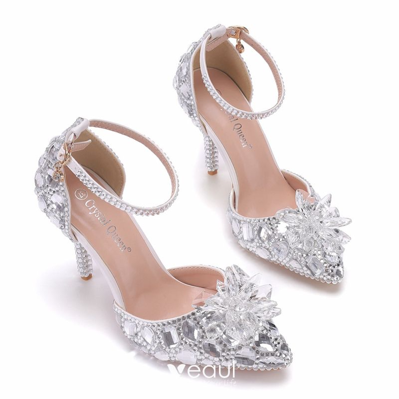 Womens 9cm shoes crystal glass flower high heels female rhinestone