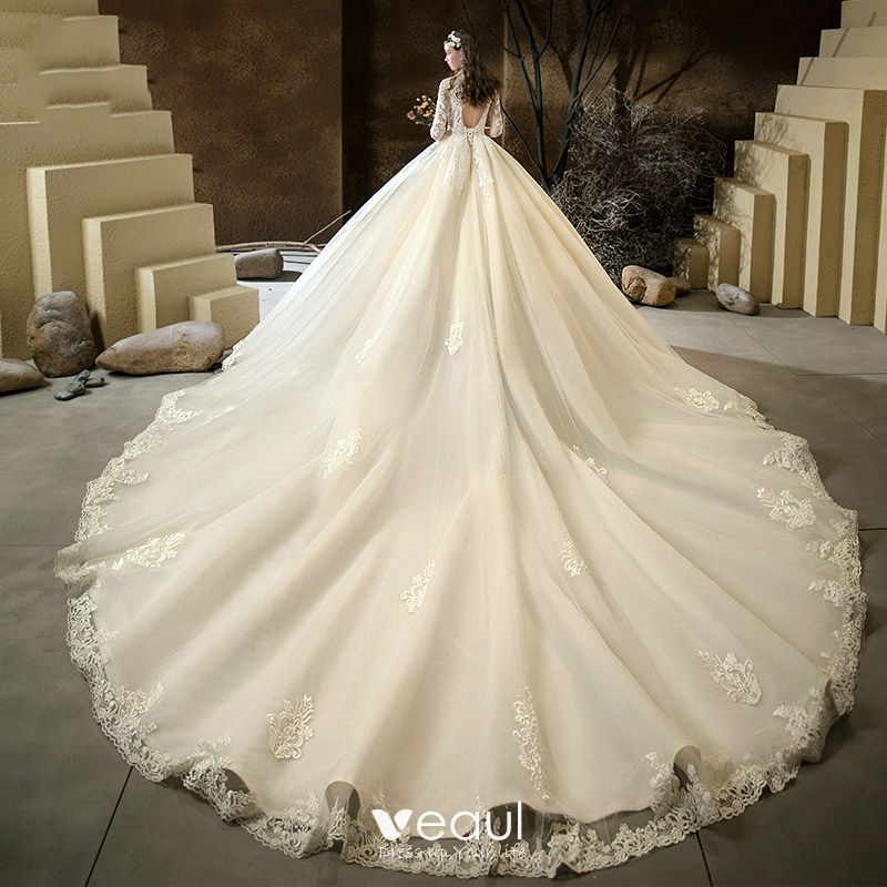 Illusion Champagne See-through Bridal Wedding Dresses 2020 Ball Gown ...