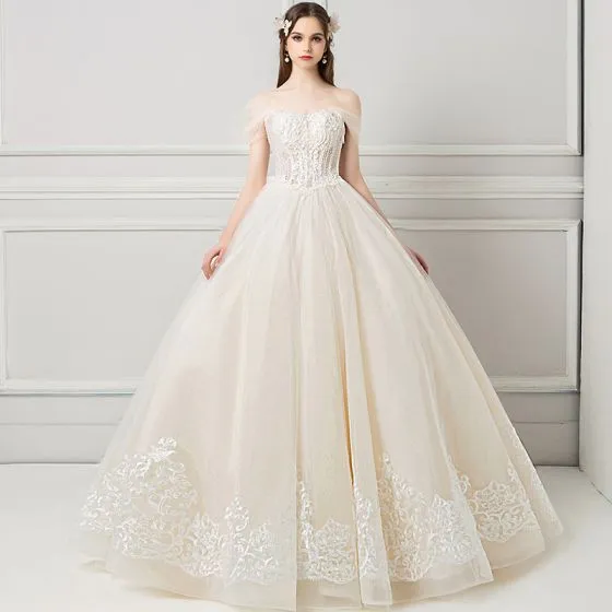 Elegant Champagne Wedding Dresses 2018 Ball Gown Lace Flower Beading ...