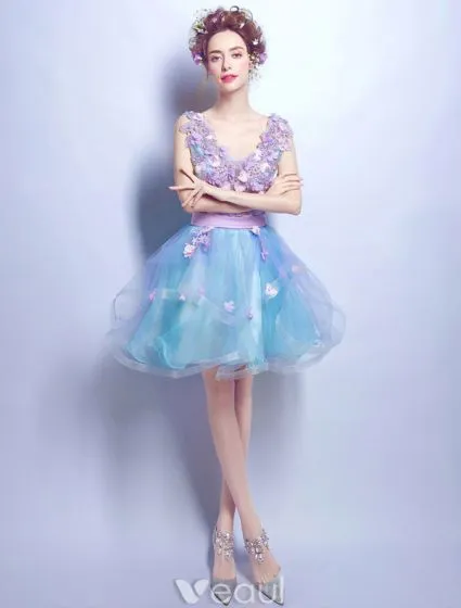 Flower Fairy Prom Dresses 2017 V-neck Applique Petals Ruffle Blue Tulle ...