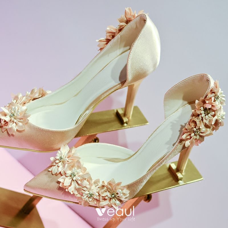 Chic / Beautiful Champagne Wedding Shoes 2018 Handmade Flower Leather 7 cm  Stiletto Heels Pointed Toe Wedding