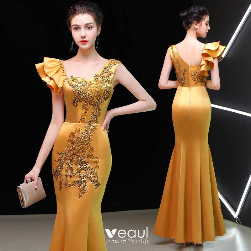 Chinese style Gold Evening Dresses 2019 Trumpet / Mermaid Square ...