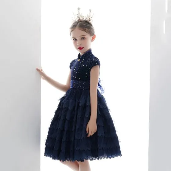 Vintage / Retro Navy Blue Lace Birthday Flower Girl Dresses 2020 Ball ...