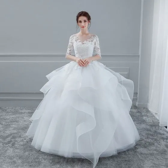 Elegant White Wedding Dresses 2018 Ball Gown Lace Flower Scoop