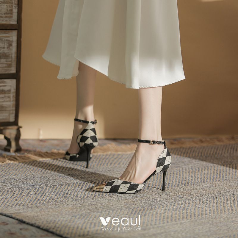 Modest Black Evening Party Plaid Womens Sandals 2022 Leather 8 cm Stiletto Heels Ankle