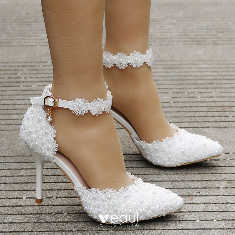 Charming Ivory Wedding Shoes 2018 Lace Rhinestone Pearl Ankle Strap 9