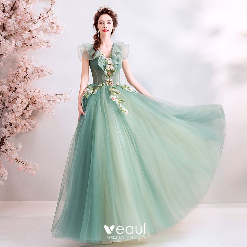 Elegant Sage Green Prom Dresses 2019 A-Line / Princess Ruffle V-Neck ...