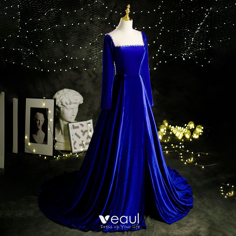 Elegant Royal Blue Suede Velour Prom Dresses 2021 A-Line Princess Square  Neckline Long