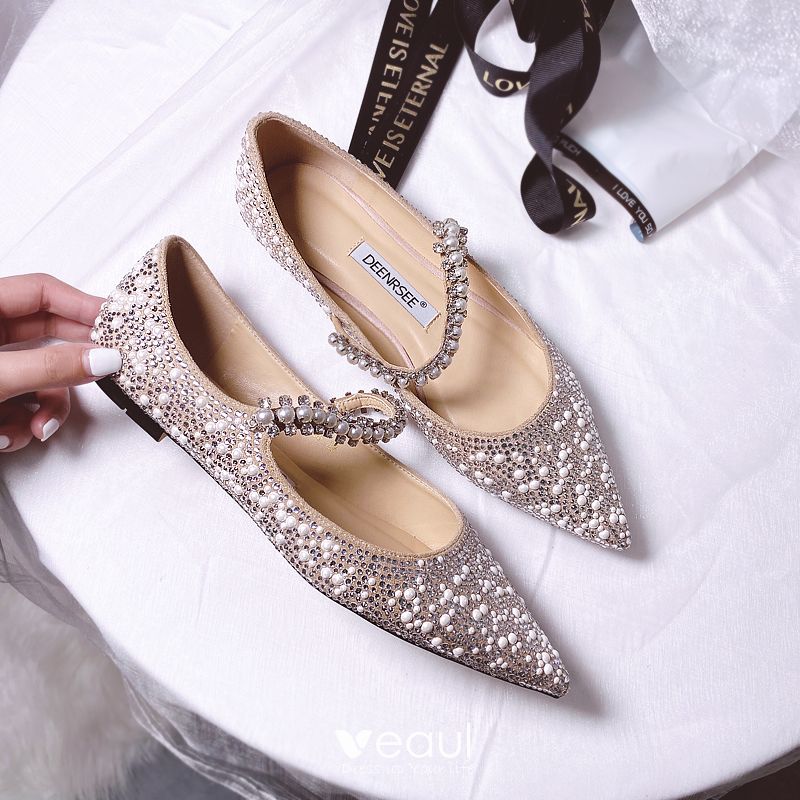 Charming Silver Leather Flat Wedding Shoes 2020 Pearl Rhinestone ...