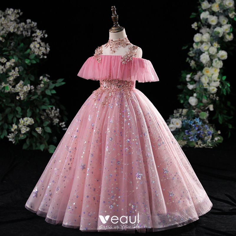 Chic Beautiful Candy Pink Beading Sequins Birthday Flower Girl Dresses 2022  Ball Gown