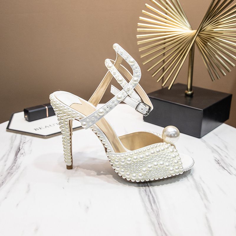 Girls Faux Pearl Decor Point Toe T-Strap Flats, Wedding White Flat Shoes, CN35 White PU Leather