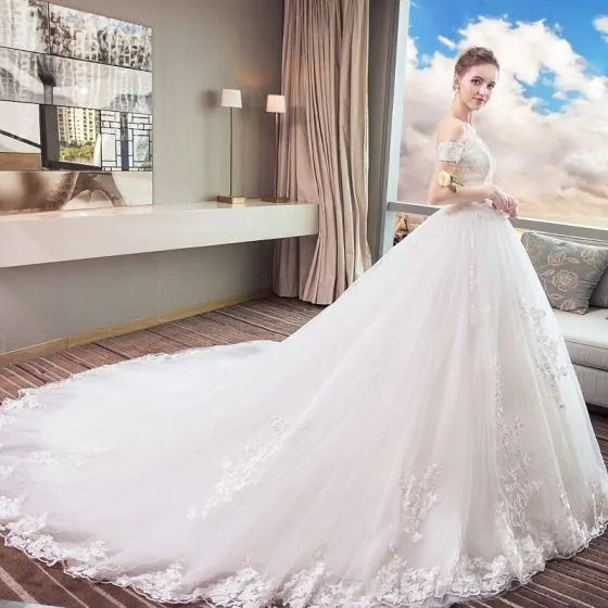 Chic / Beautiful White Wedding Dresses 2018 Ball Gown Lace Appliques ...