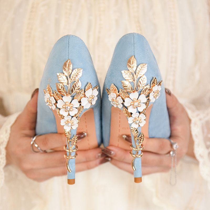 Beca Poderoso va a decidir Fashion Sky Blue Wedding Shoes 2022 Rhinestone Sequins Metal Flower 10 cm  Stiletto Heels Pointed Toe Wedding Shoes High Heels