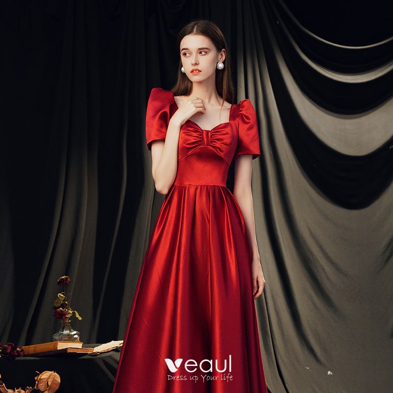 Vintage / Retro Red Satin Dancing Prom Dresses 2020 A-Line / Princess  Square Neckline Puffy Short Sleeve