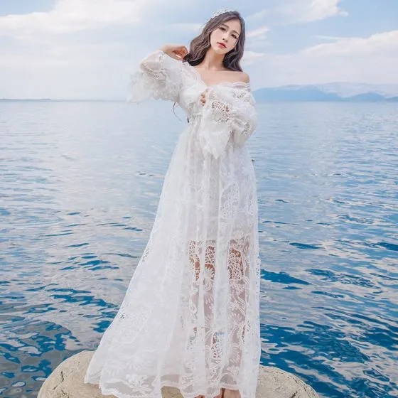 Elegant Summer Beach White Maxi Dresses 2018 Empire Off-The-Shoulder ...