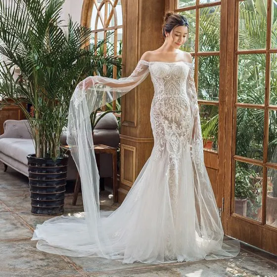 Elegant Ivory Beach Wedding Dresses 2020 Trumpet / Mermaid Off-The-Shoulder Long  Sleeve Backless Appliques Lace
