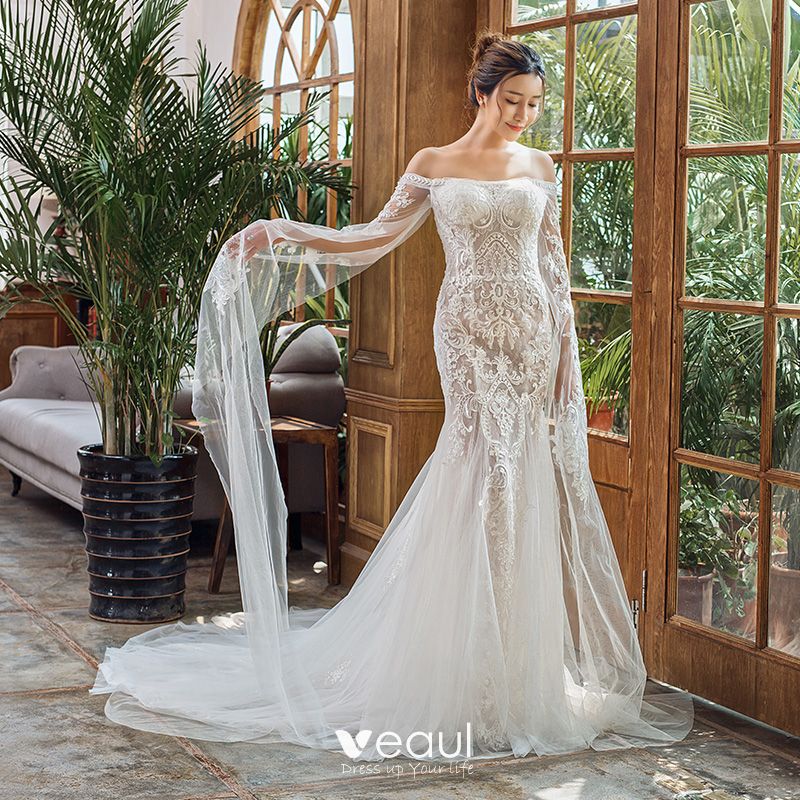 Elegant Ivory Beach Wedding Dresses 2020 Trumpet Mermaid Off The Shoulder Long Sleeve Backless Appliques Lace Court Train Ruffle